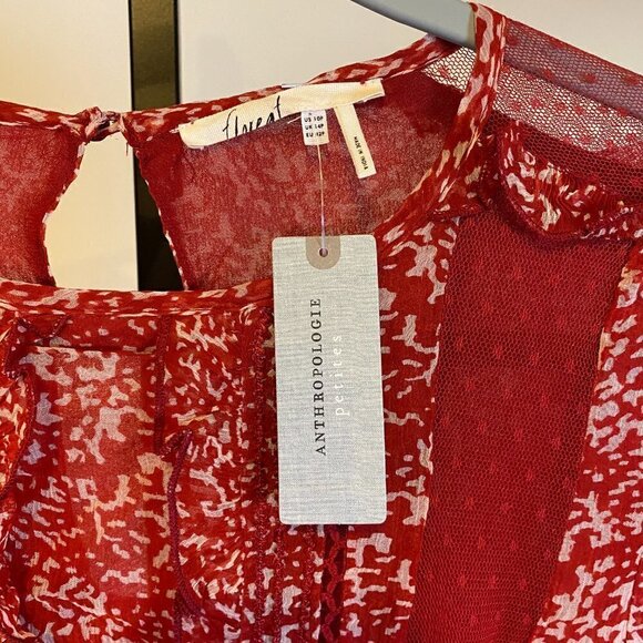 NWT Anthropologie Floreat Red Print Ruffle Lace Sheer Dress - Picture 4 of 16